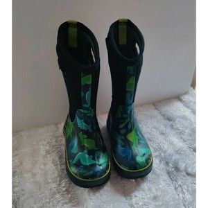 Bogs Rain Boots DINOSAUR Black/Green Waterproof Knee-High Pull On Kids Sz 13